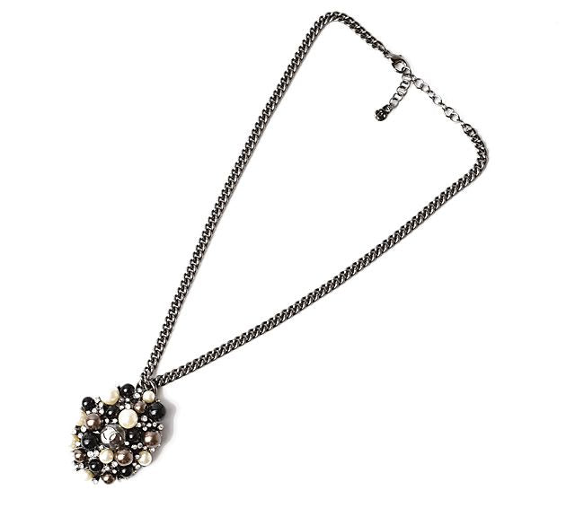 Chanel Necklace Pendant Chanel CC Marked Rhinestone Pearl Black White Silver