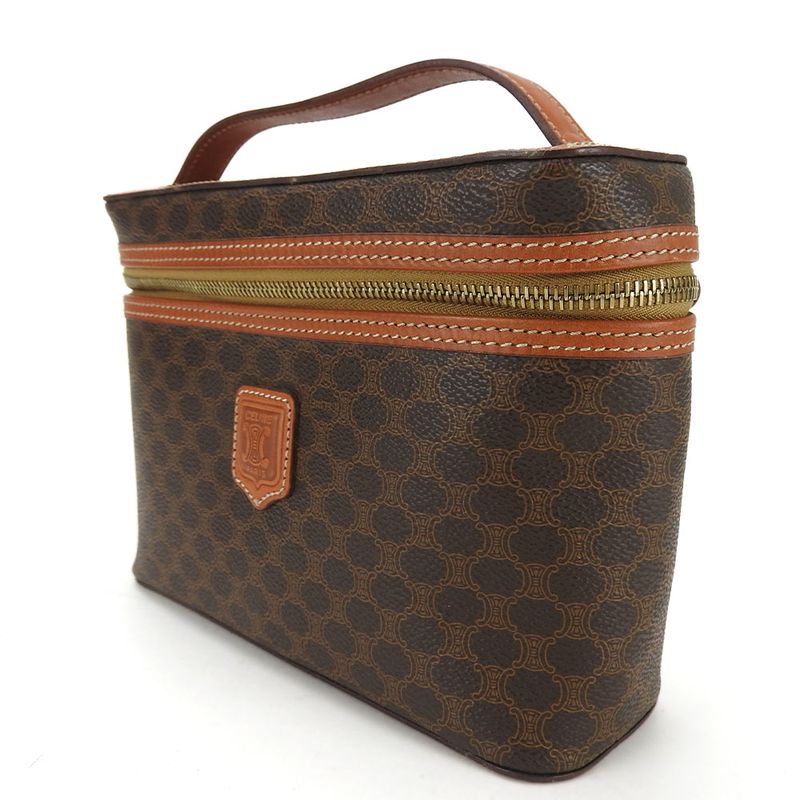 Celine Handbag Macadam PVC Leather Brown Gold Hardware Vanity Bag Pouch Ladies
