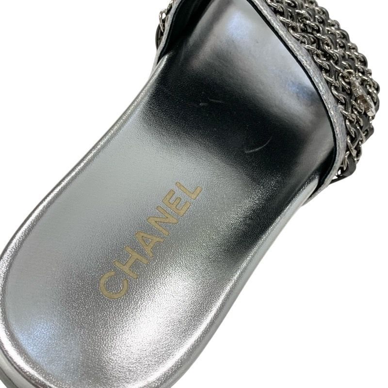 Chanel Sandals Shoes Leather Silver Coco Mark Chain Flat Mule