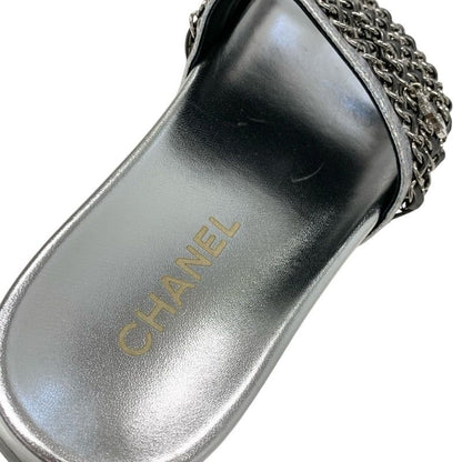 Chanel Sandals Shoes Leather Silver Coco Mark Chain Flat Mule