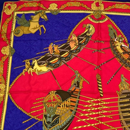 Hermes Scarf Carre 90 Silk Les Bissone De Venise Venice Boat Festival Red And