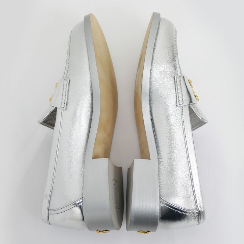 Chanel CC Logo Leather Loafers - G45663 Silver - Gold Hardware 37 1 2C