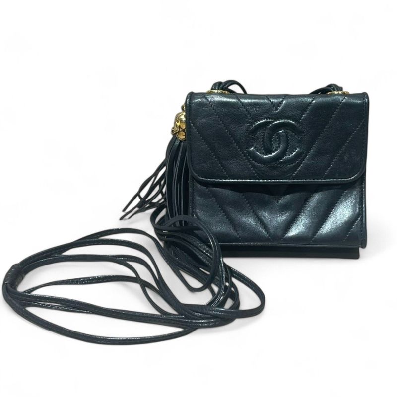 Chanel ⑤ Tassel Mini Shoulder Bag Women Black FREE