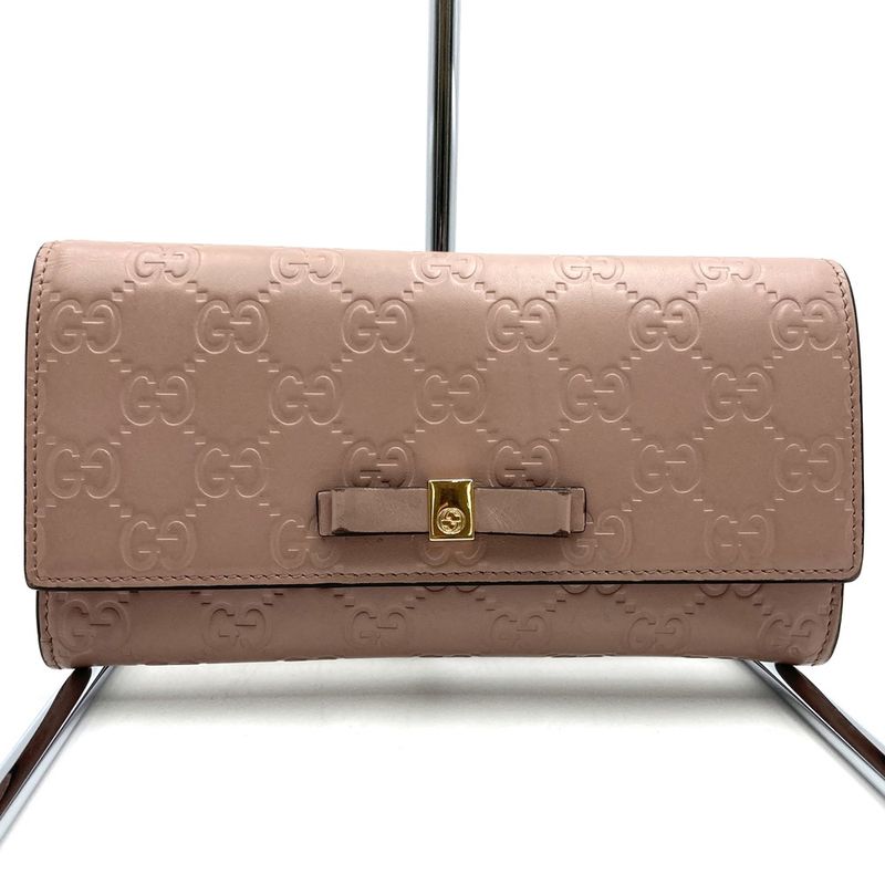 Gucci 388679 2067 Striped Ribbon Long Wallet Pink Beige Leather Women