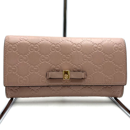 Gucci 388679 2067 Striped Ribbon Long Wallet Pink Beige Leather Women