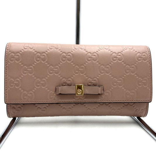 Gucci 388679 2067 Striped Ribbon Long Wallet Pink Beige Leather Women