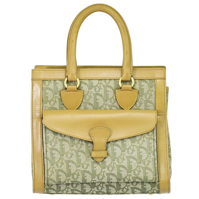 Authentic Christian DIOR Trotter Handbag Canvas Leather Khaki Beige Trotter Bag