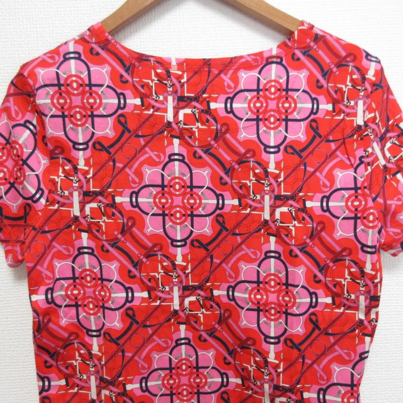 Hermes Geometric Pattern Short Sleeve T-Shirt Red Size 40 Pink Ladies Used
