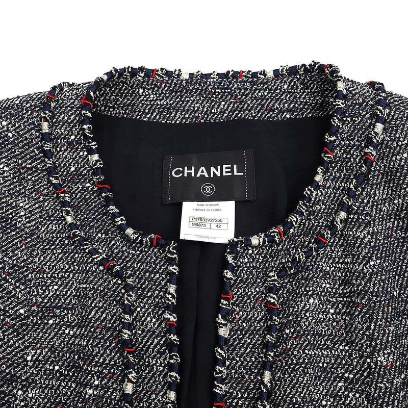 Chanel No Collar Tweed Cord Jacket P37633v27256 Navy 42