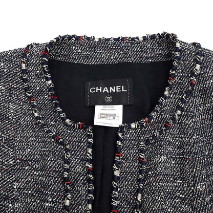 Chanel No Collar Tweed Cord Jacket P37633v27256 Navy 42
