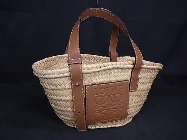 Loewe Anagram Basket Bag Raffia X Leather Handbag Tote Women Brown Fp7236