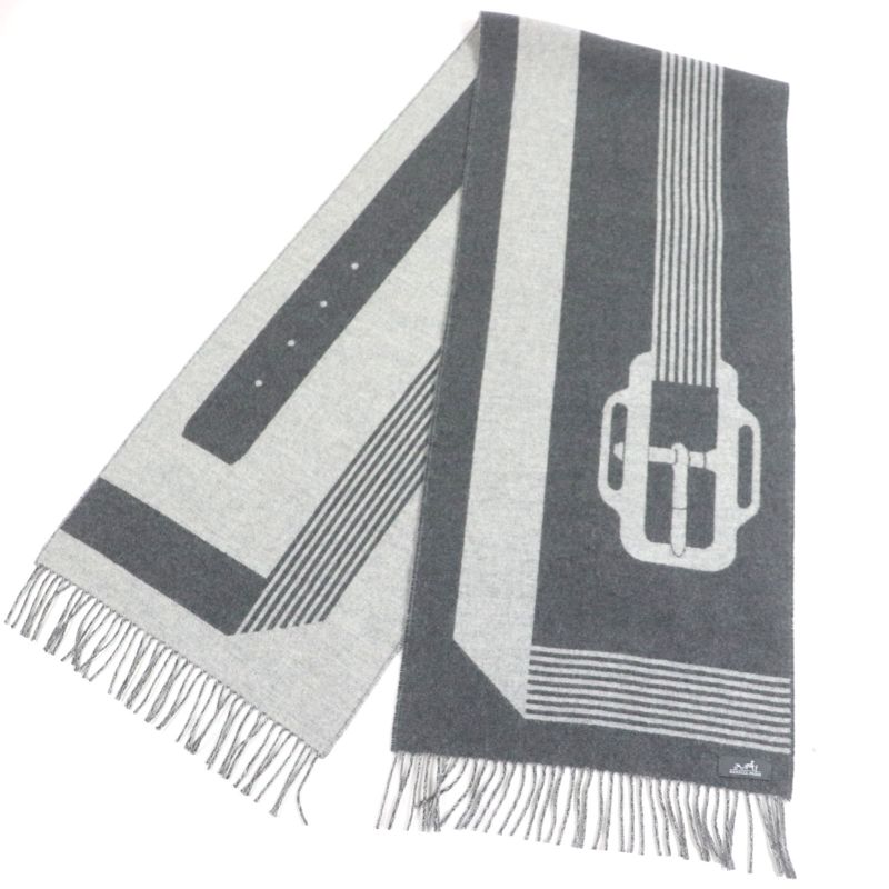  Hermes Sangre À Bucle 100% Cashmere Anthogracito Gris Cles Fringed Scarf With