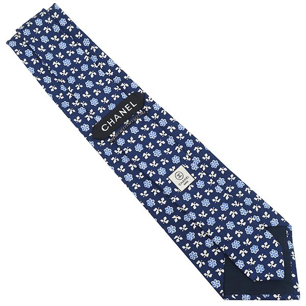 Chanel Tie Botanical Pattern 9.5cm (3.74in) Silk Navy and Multicolor Navy Blue