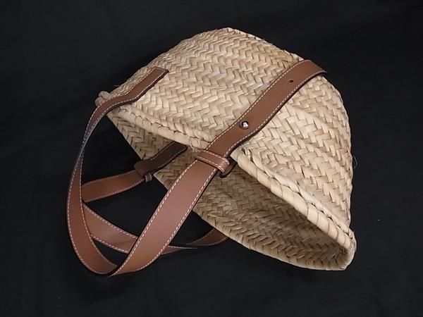 Loewe Anagram Basket Bag Raffia X Leather Handbag Tote Women Brown Fp7236