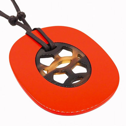 Hermes Lift GM Buffalo Horn with String Dark Brown Orange Pendant Necklace