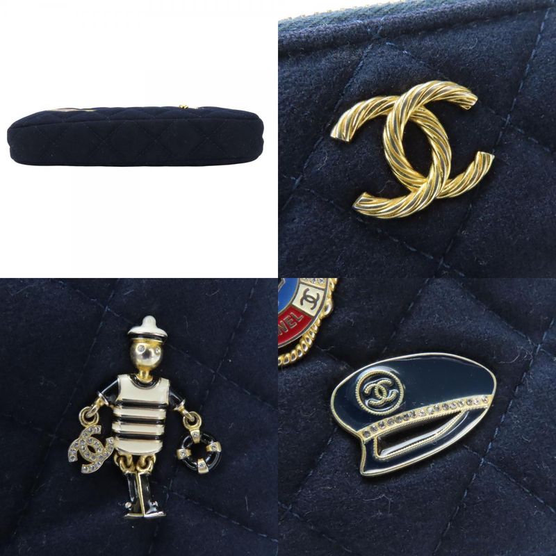 Chanel Shoulder Bag Marine Cotton Leather Navy Gold Hardware Crossbody Pochette