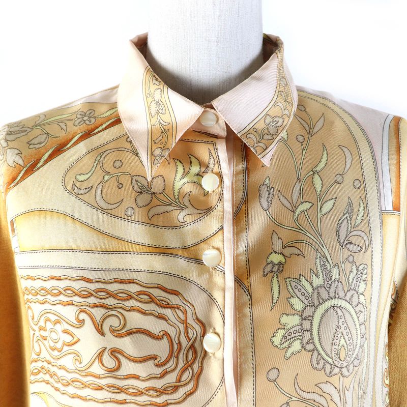 Hermes Vintage 100% Silk Cashmere Blend Twill Raine H Logo Button Short Sleeve