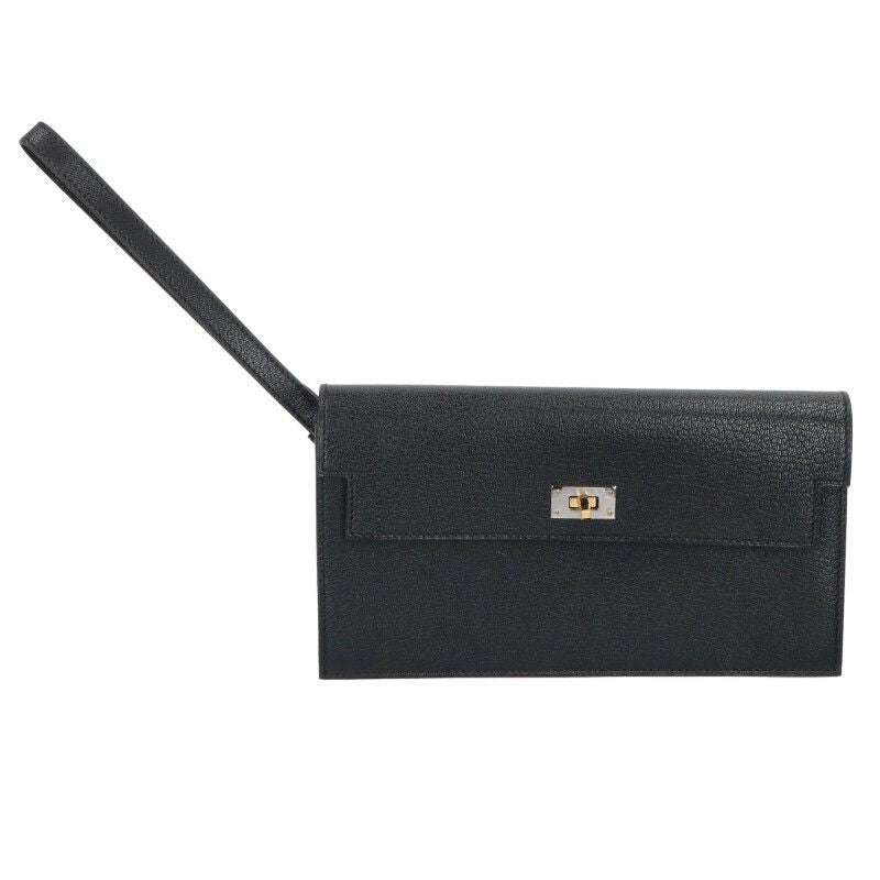 Hermes Kelly Pocket Long W Engraved Svhardware Chevre Noir Black Wallet Men's