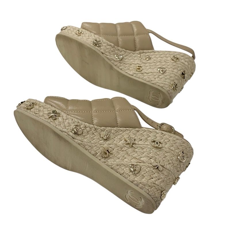 Chanel Sandals Shoes Leather Beige Gold Strap Chocolate Bar Coco Mark Icon