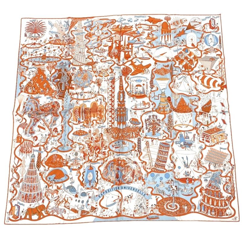 Hermes Scarf Carre 90 Exposition Universelle Silk With Orange Box