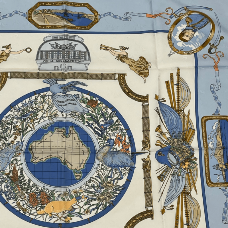 Hermes Carre 90 LE Geographe Geographer Blue And Multicolor 100% Silk