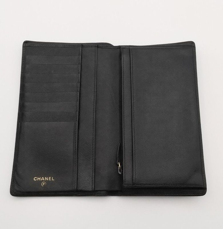 Chanel Long Wallet Coco Button Bifold Wallet Black Leather 60bs190