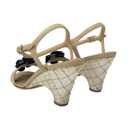 Chanel Sandals Shoes Leather Beige Black Coco Mark Camellia Matelasse Strap