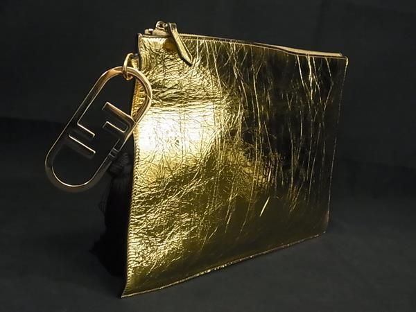 Fendi Leather Tassel Charm Clutch Bag Second Bag Handbag Gold Aw5135