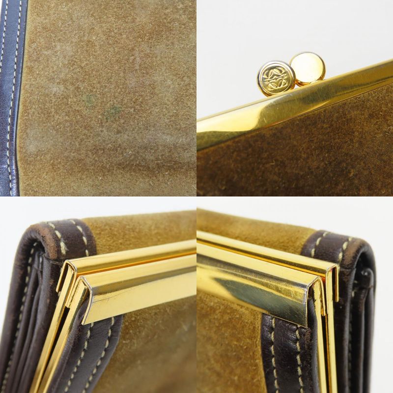 Loewe Trifold Wallet Suede Leather Khaki Brown Gold Hardware Anagram Clasp