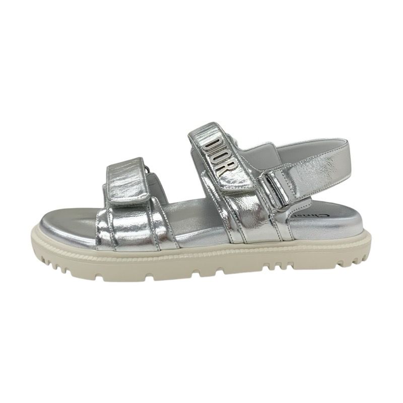 Christian Dioract Sandals Shoes Leather Metallic Silver Unused Logo Lambskin