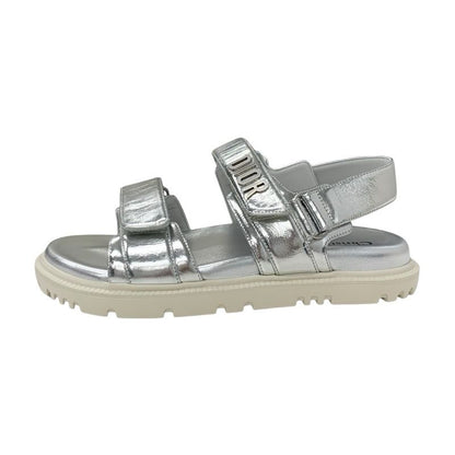 Christian Dioract Sandals Shoes Leather Metallic Silver Unused Logo Lambskin