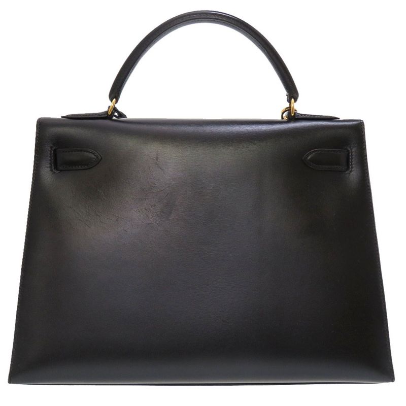 Hermes Kelly 32 Outer Stitch Box Calf Black Gold Hardware 00V Engraved Handbag