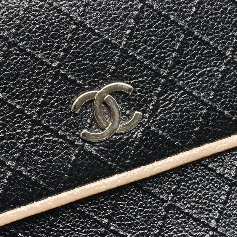 Chanel Trifold Long Wallet Bicolore Black Leather Women's Wallet