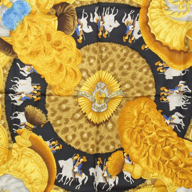 Hermes Carré 90 Casques Et Plumets Faceless Helmet Silk Scarf Horse Gold Black