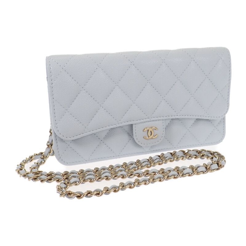 Chanel Flap Phone Case Ap3744 Shoulder Bag Grained Calfskin Light Blue Gold