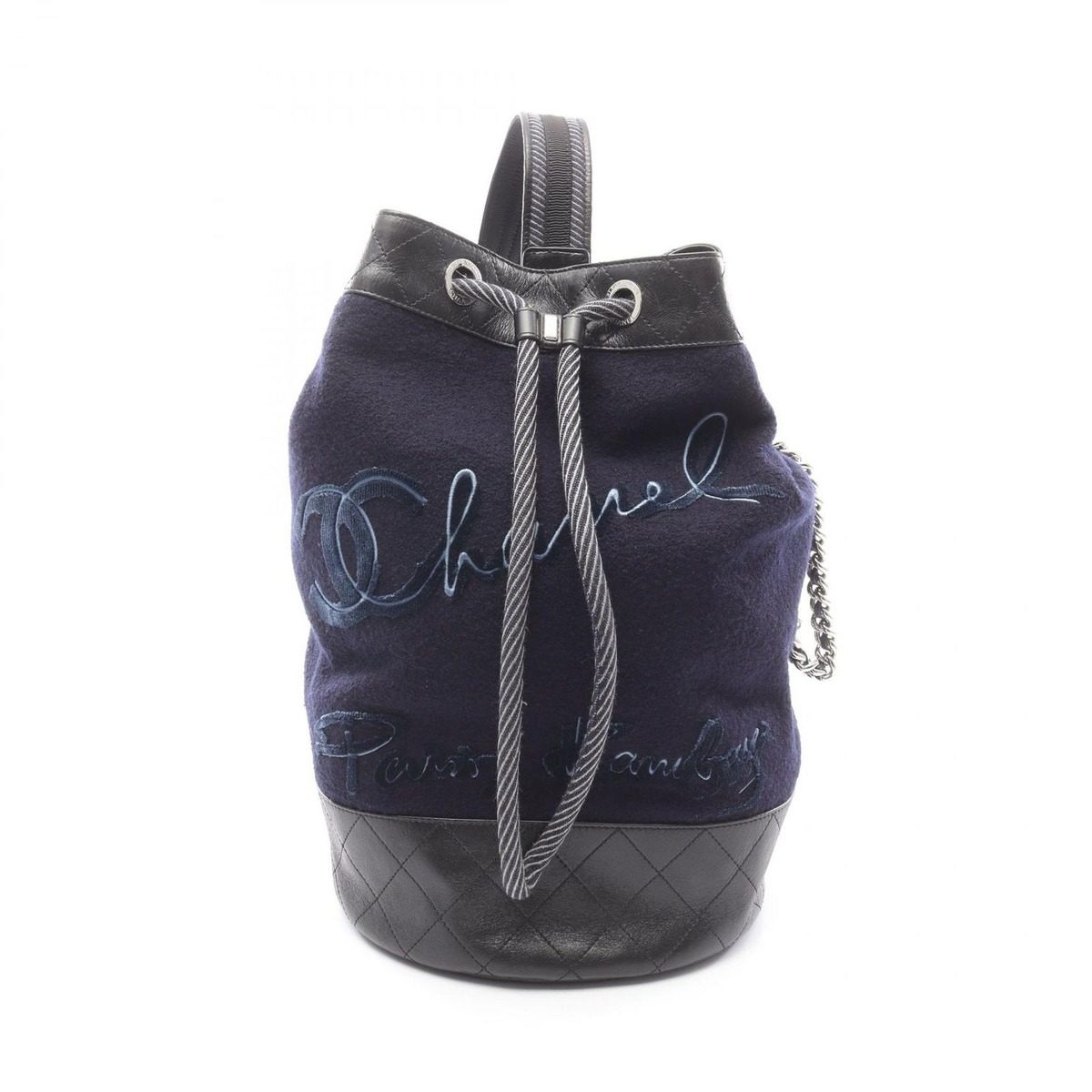 Chanel Shoulder Bag Embroidery Drawstring Navy Black Wool Leather