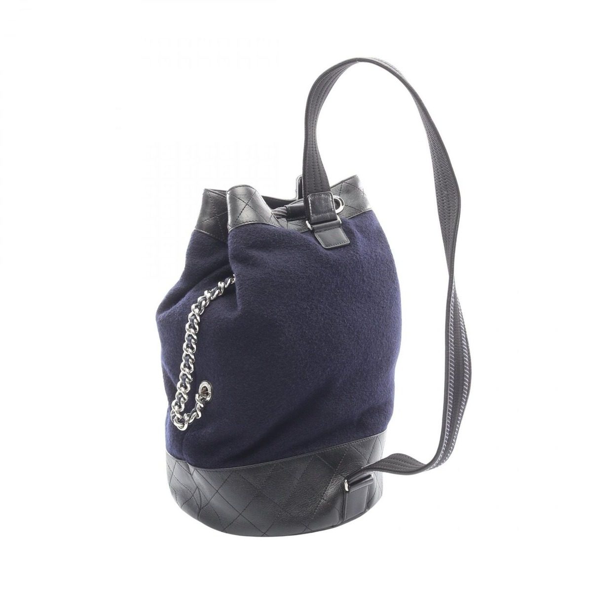 Chanel Shoulder Bag Embroidery Drawstring Navy Black Wool Leather — view 2
