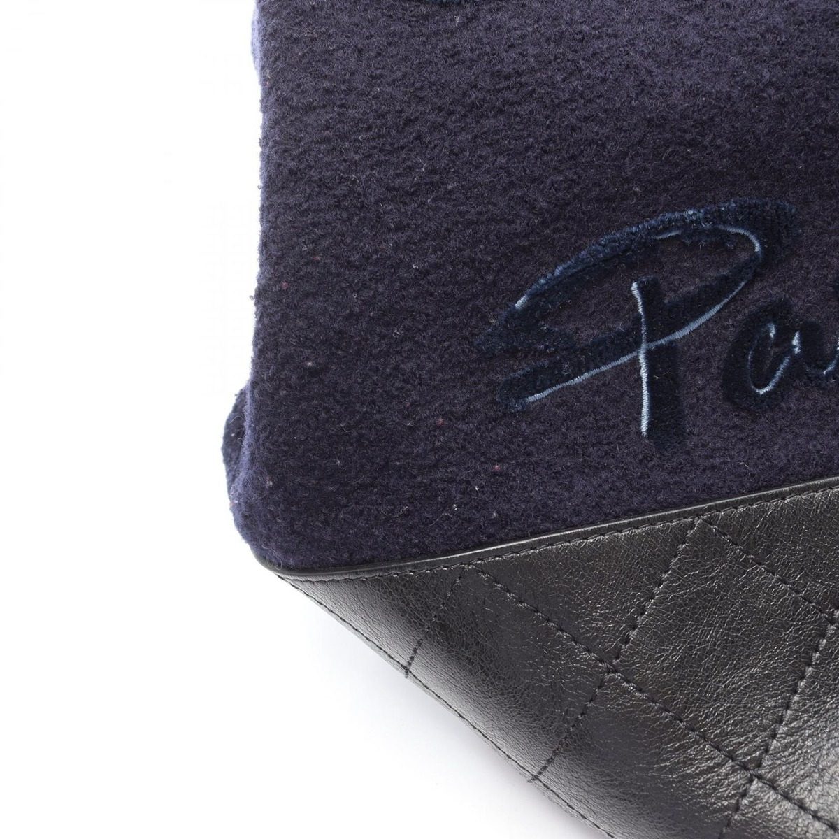 Chanel Shoulder Bag Embroidery Drawstring Navy Black Wool Leather — view 7