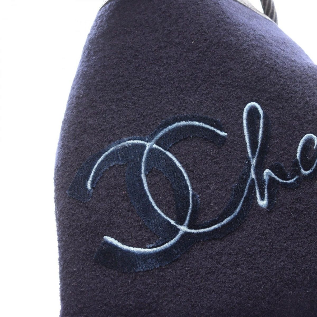 Chanel Shoulder Bag Embroidery Drawstring Navy Black Wool Leather — view 8