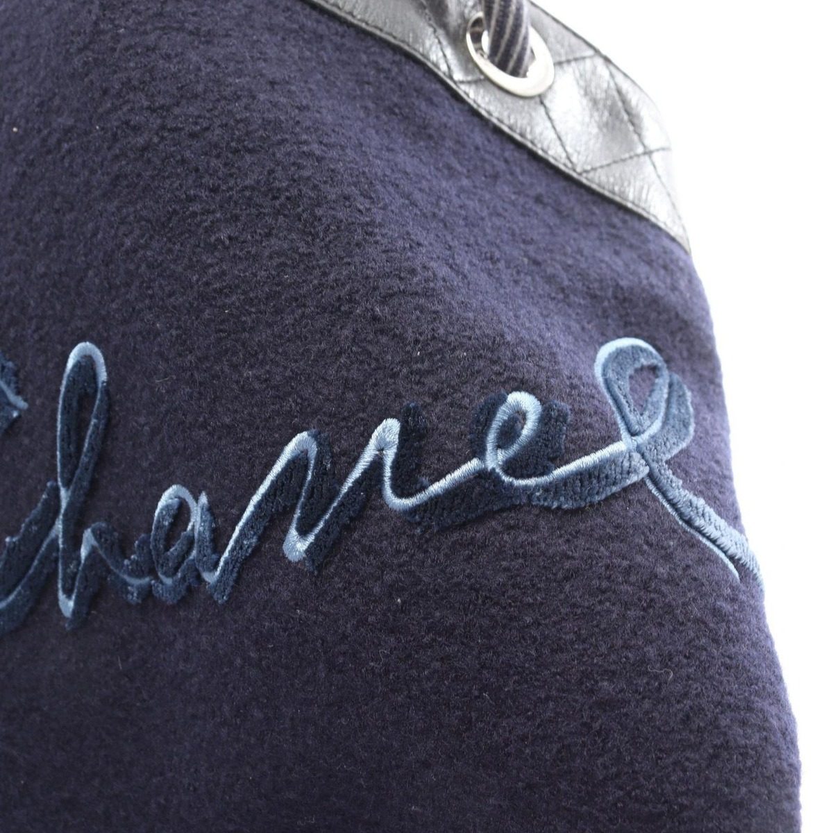 Chanel Shoulder Bag Embroidery Drawstring Navy Black Wool Leather — view 9