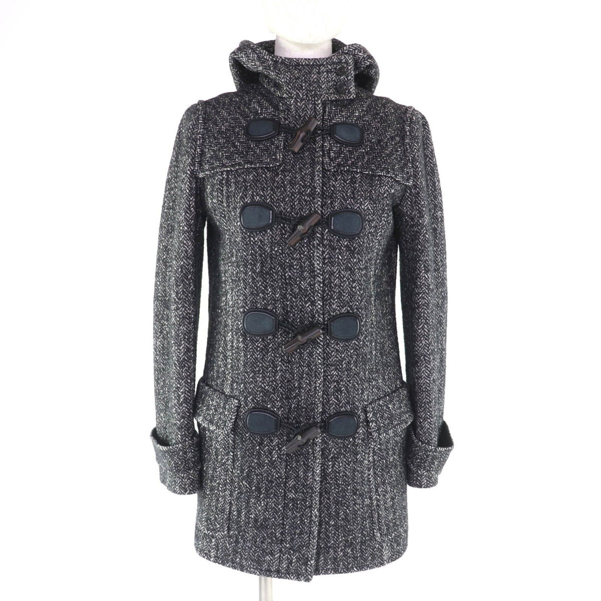 Gucci Wool Cotton Blend Hood Duffel Coat with Toggle Buttons Black
