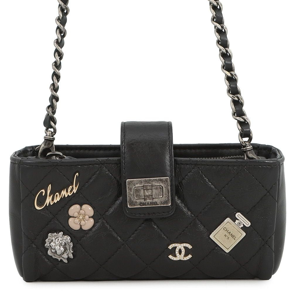 Chanel Foncase Quilted 2.55 Mini Chain Pochette Lucky Charm Calf Leather Black