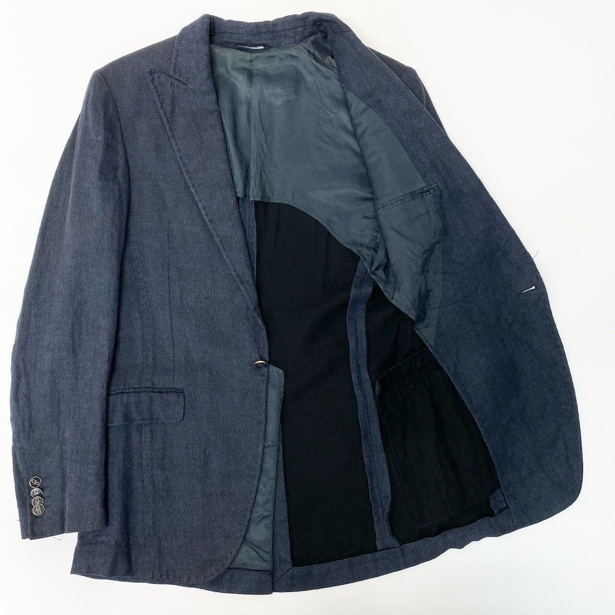 Dolce & Gabbana Tailored Jacket Blue Leather Logo Patch Button 44 Navy Cotton — view 4