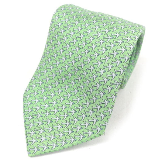 Hermes 5598 ma Silk 100% Airplane Plane Plate All Over Pattern Wide Tie Green