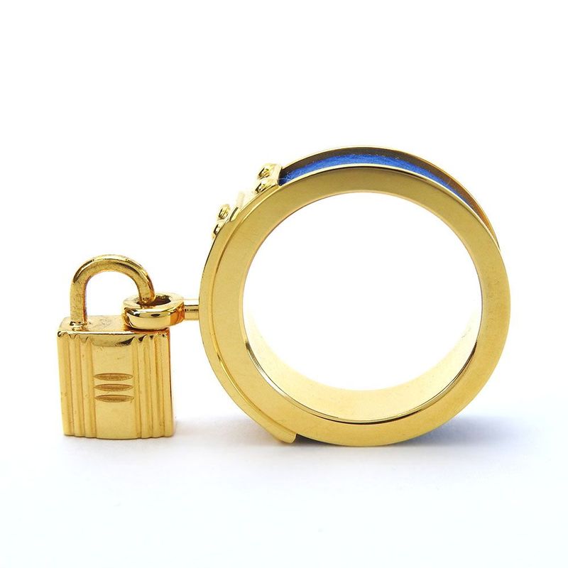 Hermes Scarf Ring Kelly Cadenas Motif Plated GP Leather Gold Blue Accessory
