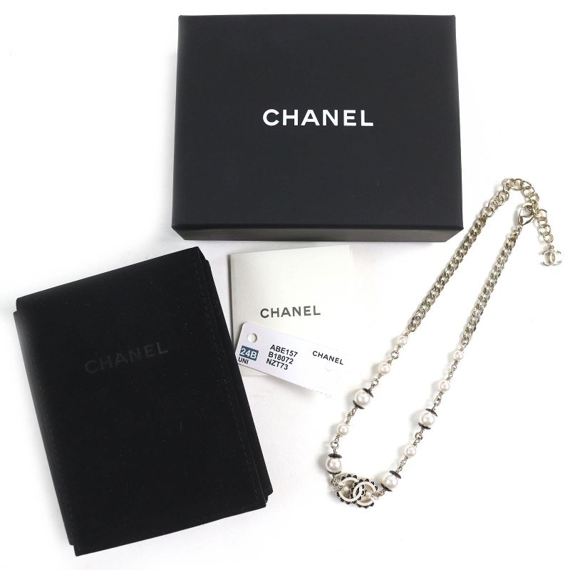 CHANEL Abe157 C24B Coco Mark Pearl Costume Necklace Choker Gold Black White