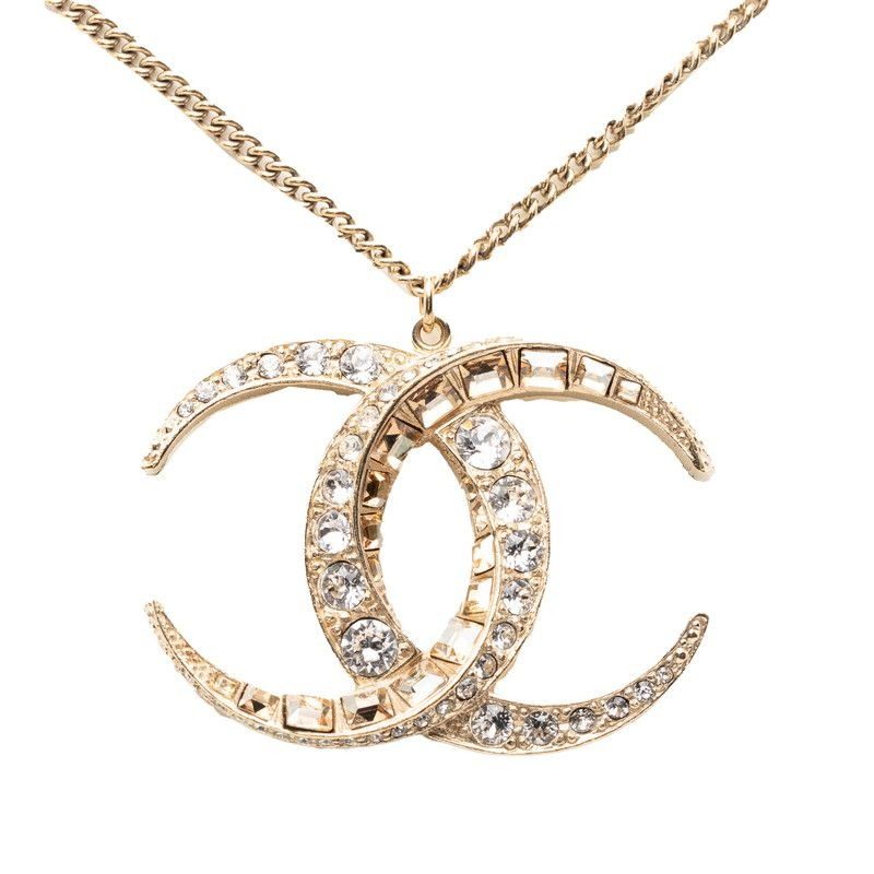 Chanel CC Logo Necklace Gold Plated Line Stone