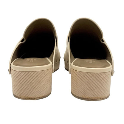 Hermes Karya Sandals Shoes Leather Wood Beige Studded Mules Sabot