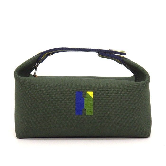 Hermes Handbag Bath Pouch Brid-a-brac PM Pavillon Khaki Cotton Canvas Silver