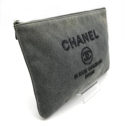 Chanel CC Logo Deauville Denim Sequin Clutch Gray Jeans